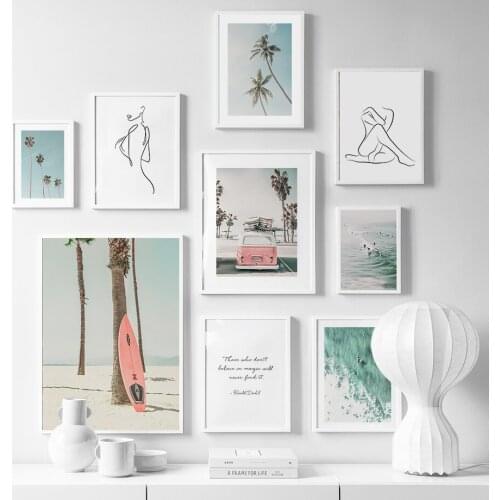 Surfboard Van Coconut Tree Beach Line Body Wall Art Canvas Painting Nordic Posters And Prints Wall Pictures For Living Room Home