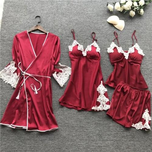 NEW Sexy Womens Robe & Gown Sets Bathrobe + Night Dress 4pcs Lace Sleepwear Women Sleep Set Faux Silk Robe Femme Lingerie Suits