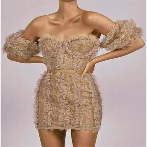 Apricot Lace Short Dress With Off-the-shoulder 2021 Summer Frills Mini Sexy For Women Skirt
