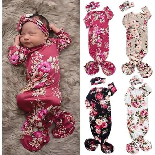 Newborn Baby Girl Outfit Sleeping Bags Floral Swaddle Wrap Sleeping Bag + Headband