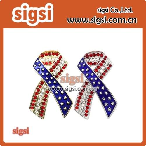 Whoelesale American flag colors silver Zinc alloy Heart rhinestone Ribbon Pendant