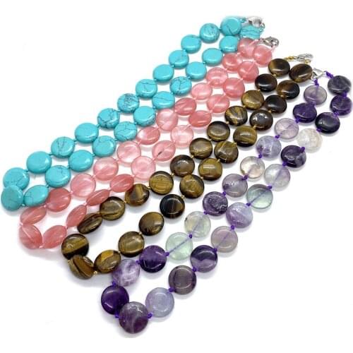 Natural Stone Necklace Fashion Round Flat Bead Tiger Eye Blue Turquoise Beaded Necklace Designer Jewelry Personality Accessories