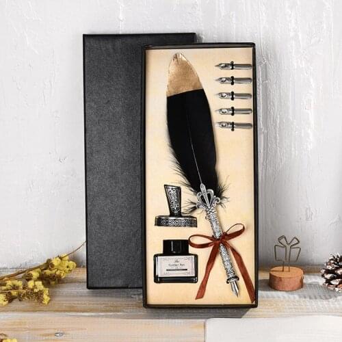 Calligraphy Nib Feathers Writing Pen Gift 1Set Feather Dip with 5 Nib Gift Quill Pen Ink Set Box Wedding Fountain Pen Design