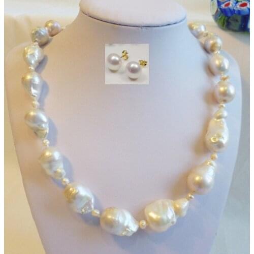 Genuine 14-16mm 4mm Baroque freshwater pearls necklace earring shipping free