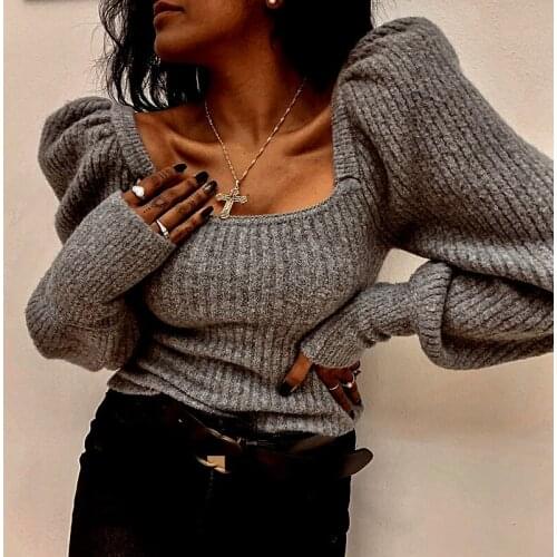 PUWD Vintage Woman Lantern Sleeve Sweaters 2020 Fashion Ladies Autumn Square Collar Tops Female Chic Knitted Pullovers