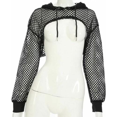 Sexy Hoody Crop Tops Rave Hollow Out Fish Net For Lady Long Sleeves Transparent