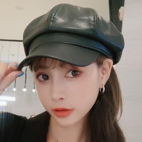Spring Autumn Womens Hat Leather Monochrome Leisure British Retro Octagonal Sunscreen Beret Painter Newsboy Hip-hop Student Cap