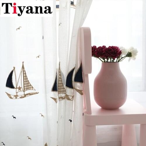 Embroidered Sailboat Voile Curtains Boys Children Bedroom Cartoon Countryside Delicate Sheer Window Treatment Drapes 225Z