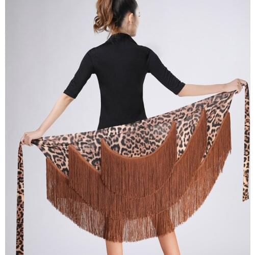 Leopard Latin Dance Skirt for Women Ballroom Latin Salsa Tango Tassel Dance Skirts Skate Wrap Scarf Fringe Practice Dancing