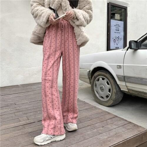 Woman Pants 2021 Winter Sweet Pink High-waisted Wide-leg Pants Stripe Splicing Thicken Trousers Loose Drawstring Mopping Pants