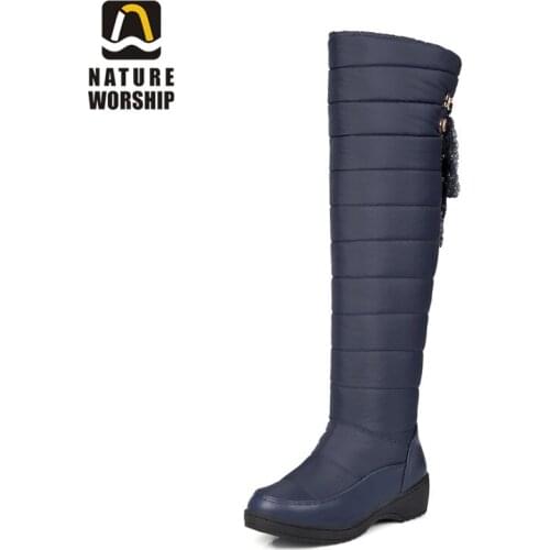 Nature Worship New Fashion Square Heels Women Shoes Warm Over Knee Boots Plush Winter Ladies Shoes Riband Platform Boot Big Size
