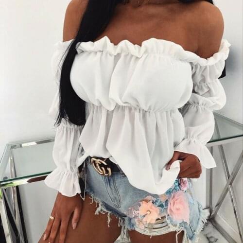 Women Summer Long Sleeve Tops, Off Shoulder Solid Color Blouse, Flare Bell Sleeve Loose Shirt