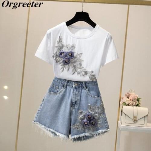 Summer Denim Shorts Suit Female 2021 Fashion Designer 3D Flower Appliques Embroidery Tshirt with Short Jeans 2 Piece Set Women