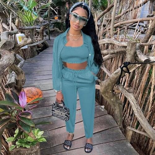 Autumn 3-piece Set Women Sexy High Elastic Long Sleeve Shirt Top+Tube Top+Pants Sets Club Outfits Streetwear Wholesale Items