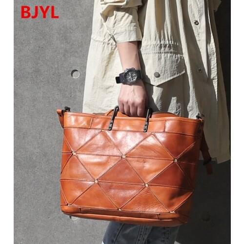 2020 New Computer Briefcase Women Handbag Laptop Bag Female Leather Cowhide Stitching Distressed Handbag Large Capacity 14 Inch