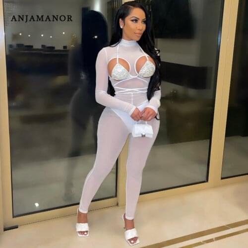 ANJAMANOR Bling Bikini Top Sheer Mesh Cute Jumpsuits White One Piece Birthday Outfit for Women Party Club Wear D30-CH20