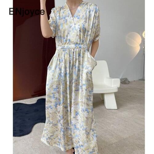 Vintage Floral Maxi Dress Women Summer French Elegant Romantic Puff Sleeve Printed Fashion High Waist Long Dresses Summer 2021