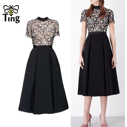 Tingfly Vintage Elegant Lace Patchwork A Line Black Party Dinner Dresses Women Summer High Waist Embroidery Midi Long Elbise SP