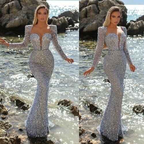 Vintage Matcha Glitter Long Sleeve Evening Dresses Sexy Mermaid Women Party Gowns vestidos de fiesta de noche