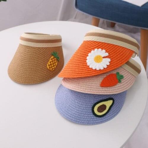 1pc 6 Colors 2-4Y Childrens Summer Hat Small Daisy Fruit Labeled Straw Hat Soft Empty Top Large Eaves Sun Hat For Baby Kids