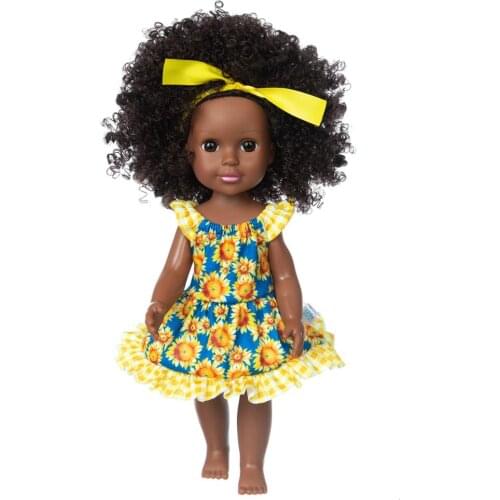 14 Inch Baby Dolls For Kids Born Accessories Dress With Explosive Hairstyle Polyvinyl Chloride Soft African Doll