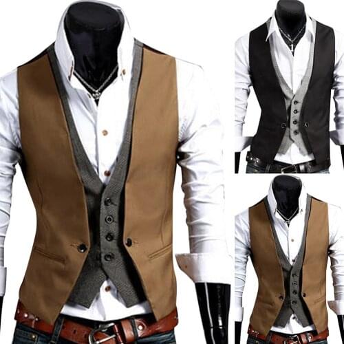 New Men Formal Waistcoat Vest Business Solid Color Single Button Vest gilet Fake Two-pieces V Neck Casual Slim Vest