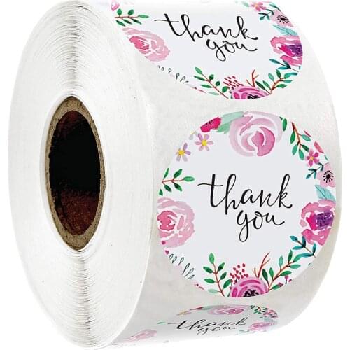 500Pcs Round Flower Thank You Stickers Seal Label with Pink Sticker Rolls for DIY Envelope Scrapbooking Stationery Sticker Paper