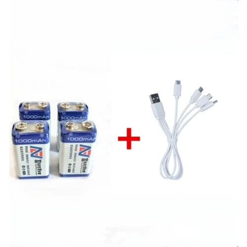 4PCS 1000mAh 9V rechargeable battery 6F22 USB lithium ion rechargeable battery with micro USB cable for fast charging