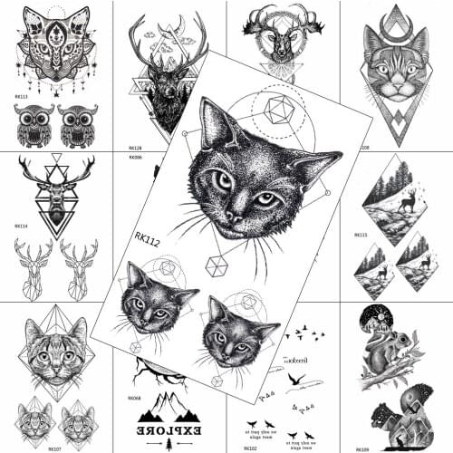 Geometric Dot Pattern Cat Temporary Tattoo Realistic Sticker Waterproof Sheet Tattoo For Men Women Body Art Legs Arm Tatoo Decal