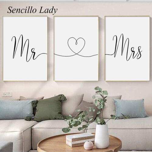 Mr Mrs Heart Calligraphy Art Canvas Painting Minimalist Black White Poster Print Decorative Picture Home Decor Couple Lover Gift