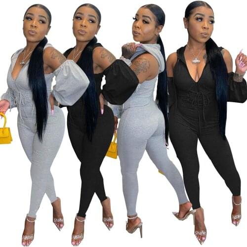 Clubwear Women Hollow Out Jumpsuits 2021 Autumn Sexy Lady Long Sleeves Skinny Fashion Bandage Solid Party Hooded Neck Rompers