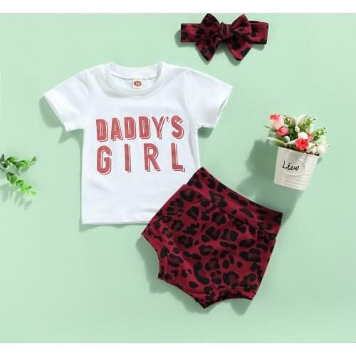 FOCUSNORM 3pcs Summer Baby Girls Clothes Sets Letter Short Sleeve Jumpsuits Tops Leopard Printed Shorts Headband