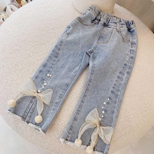 Girls Princess Fashion Jeans New Trend Mesh Bow Cute Baby Jeans Solid Color Jeans Kids Baby Spring Autumn Jeans Casual Clothing