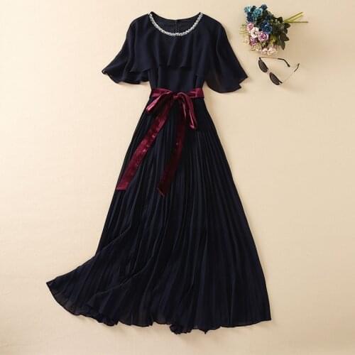 Cape Poncho Party Evening Women Long Dress 2021 Fashion Ladies Beading Ribbon Belt Deco Casual Dark Blue Pleated Maxi Dress XL