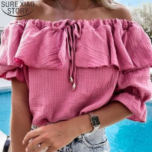 2021 New Summer Short-sleeve Shirt Womens Beach Style Plus Size Loose Tops Fashion Clothes Slash Neck Solid Sexy Shirt 14589