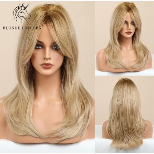 Blonde Unicorn Synthetic Medium Long Dark Root Ombre Blonde Wig with Bangs for White Black Women Daily Cosplay Natural Hair Wigs