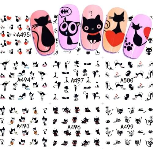 12 Designs Water Transfer Nail Art Sticker And Decal Summer Designs Cartoon Cat Set Cute Slider Tattoos Manicure SAA493-504