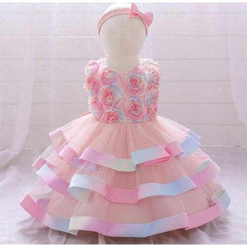 2PCS Tutu Newborn Christening Princess Toddler Birthday Children Baptism Colorful Baby Girl Summer Dress Vestido 1 Year Headband