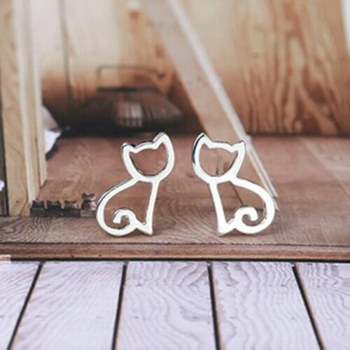 Daisies 1Pair Real Pure 925 Sterling Silver Jewelry Animal Stud Earrings For Women Girls Kitten Cat pendientes de plata