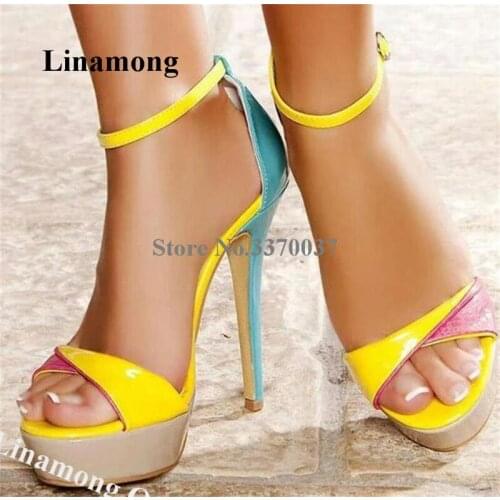 Linamong Shining Patchwork Stiletto Heel High Platform Gladiator Sandals Pink Yellow Blue Mixed-colors High Heel Sandals
