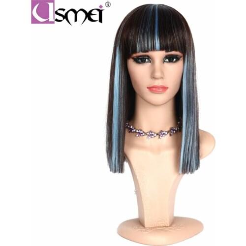 USMEI Synthetic Short Wigs white women wigs Silk straight Fiber Hair with Fringe/bangs and Rose Net Dark Red Blue cosplay wig