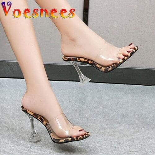 Voesnees Summer Sexy Transparent PVC Women Slippers Wild Leopard Print 9CM Crystal Sandal Fashion Simple Office High Heel Shoes