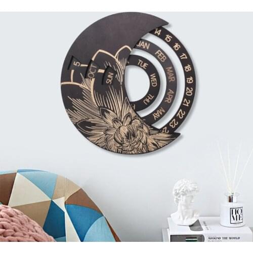 X7XD Wooden Round Circular Rotating Calendar Wall Decoration Perpetual Calendar Table