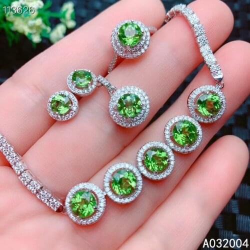 KJJEAXCMY Fine Jewelry 925 sterling silver inlaid natural Peridot ring pendant earring bracelet set luxury supports test