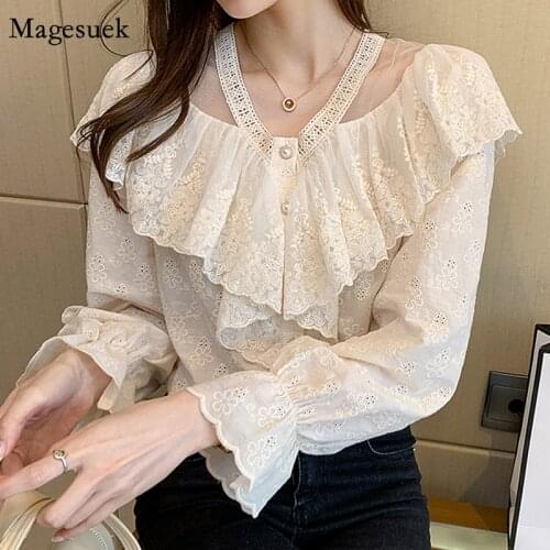 New V Neck Mesh Stitching Ruffled Women Top 2021 Autumn Korean Flare Long Sleeve Shirt Hollow Embroidery Lace Loose Blouse 13978