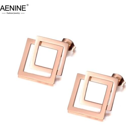 AENINE Fashion Stainless Steel Double Hollow Square Geometric Earrings Rose Gold Handmade Ear Jewelry For Women Girls AE19168