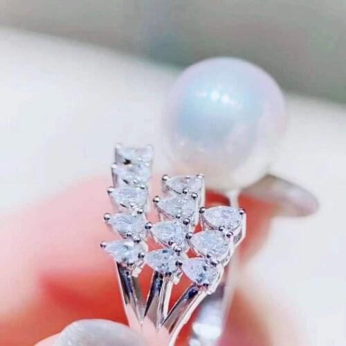 Solid 925 Sterling Silver Round 9-10mm Nature Fresh Water White Pearl Rings for Women Fine Birthday Presents