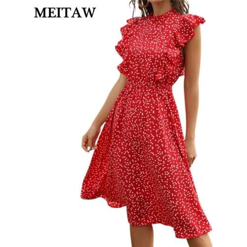 Women Chiffon Dress Summer Dot Print Dress 2020 Casual O-Neck Butterfly Sleeve Midi Dress Elegant Ruffles Office Dresses