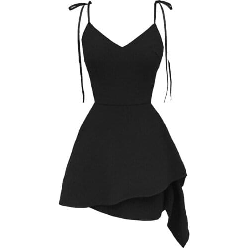 2021 Summer Gothic Rock Black Mini Dress Women Sexy Strap Sleeveless V collar Lacing Side Lace up A-line Female Short Sundress