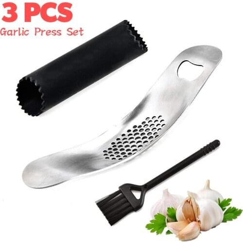 3Pcs Stainless Steel Garlic Press Crusher Mincer Chopper Roller Stripper Silicone Garlic Peeler with Clean Brush Kitchen Gadgets